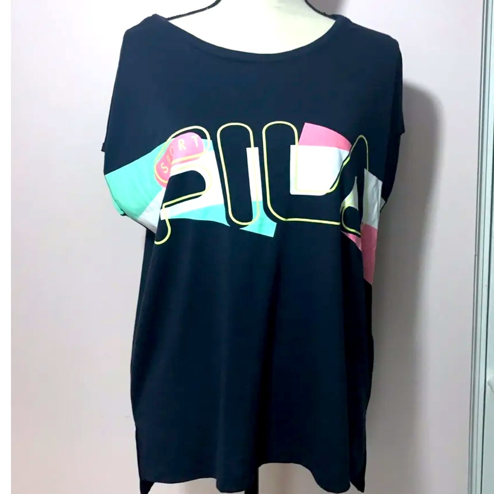 FILA Women’s XL Athletic Shirt Nwot Navy Blue Logo Stretch Hi Low